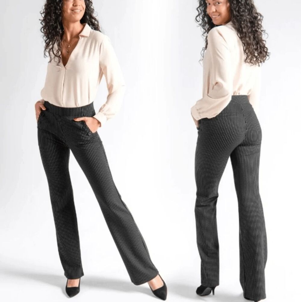 New Betabrand Black Pinstripe Straight Six Button Dress Pant Yoga Pants XLarge